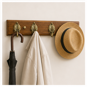 Perchero de pared decorativo de latón antiguo con forma de hoja, organizador multi-gancho con base de madera vintage para abrigos, llaves y toallas, colgador de pared. - Product Image 4