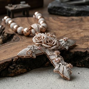 Collier pendentif croix rose entièrement sertie de pierres, personnalisé, style Hip Hop, bijoux chrétiens, en argent 925, Moissanite, motif floral - Product Image 4