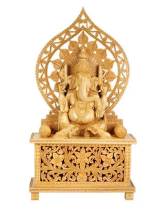 Handmade <b>Gold</b> Wooden Ganesha <b>Statue</b> Carved Hindu God Sculpture Engraved Religious Figurine India for Home Office Household Decor - Product Image 1