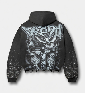 Sudadera con capucha gótica personalizada con cremallera y pedrería, premium, oversize, estilo dark art, streetwear, gráfico, de alto gramaje, marca privada, fabricante OEM - Product Image 3