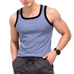 <b>Men's</b> Casual Solid Color Cotton Knitted Breathable <b>Tank</b> <b>Top</b> <b>White</b> Trim Scoop Neck Sleeveless Gym Muscle Vest for Body Building - Product Image 3