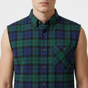 Custom Logo Green <b>Blue</b> Black Pattern Sleeveless Plaid <b>Flannel</b> <b>Shirt</b> Button Down Collar Casual Cotton Top Autumn Wear Men's <b>Shirt</b> - Product Image 5