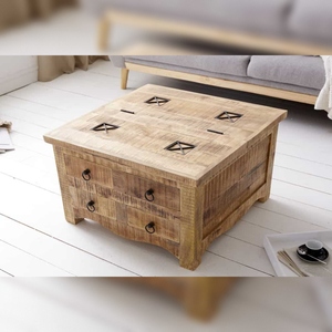 Table basse Vandana Vintage Haven IRON CRAFT 70cm en bois de manguier avec tiroirs et espace de rangement - Product Image 4