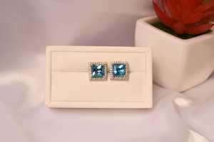 Pendientes de topacio azul con halo de plata de ley 925 y circonitas cúbicas, joyería nupcial elegante para mujer, piedra de nacimiento de diciembre - Product Image 3