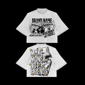 เสื้อยืดโอเวอร์ไซส์ทรงบ็อกซี่ผ้าคอตตอน 100% สำหรับผู้ชาย ดีไซน์สั่งทำพิเศษ ล้างสีแบบแอซิดวอช สไตล์สตรีทแวร์ ประดับด้วยคริสตัล - Product Image 3