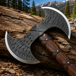 Hache à double tête faite à la main, tête de tomahawk, acier à haute teneur en carbone, design nordique, manche en bois, enveloppe en cuir, 9 lames de coupe, 35 cm - Product Image 4