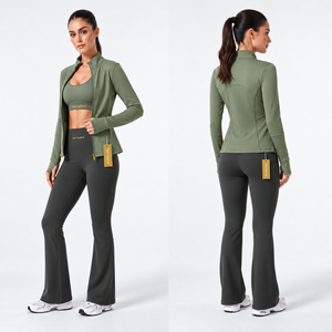 Conjunto de Yoga de 3 Piezas para Mujer Sam Tactical: Chaqueta con Cierre y Cuello Alto, Sujetador Deportivo y Leggings Acampanados de Cintura Alta. Precio al por Mayor, OEM, Personalizado. - Product Image 1