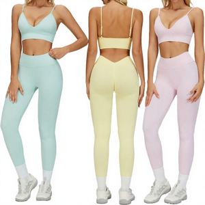 Conjunto de Yoga de Cintura Alta Sin Costuras, Color Morado Sólido, Top Corto, Leggings de 3 Piezas, Cuello en V Profundo, Tirantes Finos, Transpirable, Largo Completo - Product Image 6