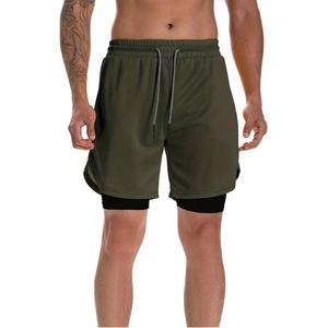 Men's Olive Green Quick Dry Sport Shorts <b>Mid</b> Waist Drawstring Solid Knitted Polyester Athletic Wear - Product Image 1