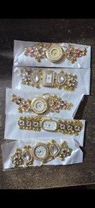 Traditional Kundan Style Bracelet Watch <b>Set</b> for Women, Ethnic Gold Tone Designer Watches, Pearl Meenakari Floral Kada Watch - Product Image 2