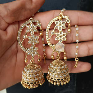 <b>Gold</b> Plated Pota Stone and Pearl Traditional Jhumki <b>Dangle</b> <b>Earrings</b> - Product Image 1