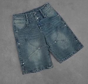 Shorts en jean délavé taille haute pour homme, coupe droite, décontracté, en coton, mi-longueur, avec poches et surpiqûres, idéal pour l'été - Product Image 5