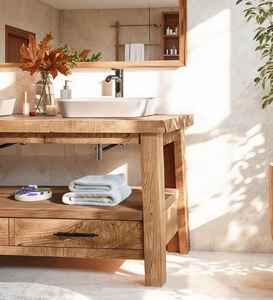 Meuble de salle de bain en bois avec double vasque, tiroirs de rangement et étagère inférieure pour intérieurs de luxe - Product Image 2