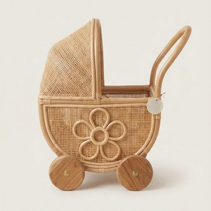 En gros, poussette de poupée vintage en rotin naturel à roues, chariot de jeu d'imitation pour chambre d'enfant - Product Image 1