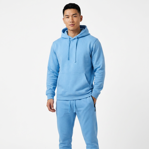 Conjunto Deportivo Unisex Azul con Capucha, 100% Algodón, Sudadera con Cordón y Pantalones Deportivos de Color Sólido para Otoño - Product Image 3