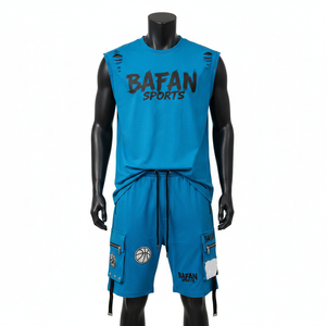 Conjunto de camiseta sin mangas y pantalones cortos para hombre, mezcla de algodón premium, felpa francesa, bolsillo cargo, estampado personalizado. - Product Image 6