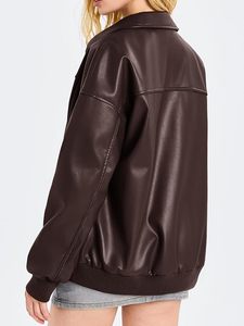 Women's <b>Brown</b> PU <b>Leather</b> Bomber <b>Jacket</b> Full Sleeve Turn-down Collar Zipper Closure Autumn Casual Style - Product Image 4