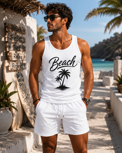 Débardeur blanc pour homme Cosh International, imprimé palmiers, en coton, décontracté, col rond, respirant, logo sur le devant - Product Image 3