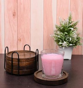 Posavasos Artesanales de Madera de Mango para Bebidas, Juego de 5 |   Posavasos Redondos Rústicos de Madera con Soporte de Hierro Negro - Product Image 2