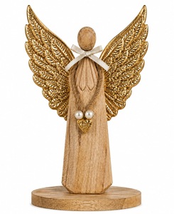 Figurine d'ange en bois faite à la main avec des ailes finies en or et un cœur en perles, décoration de table de Noël pour le salon - Product Image 1