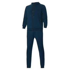 Men's Navy Blue <b>Hooded</b> Printed Fleece Tracksuit Full <b>Zip</b> Casual Wear Side Pockets Regular Fit Winter Style Solid Color 100% - Product Image 1
