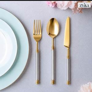 Juego de Cubiertos de Oro de 3 Piezas con Acabado Espejo y Mango de Cristal Transparente - Product Image 1