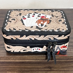2026 Hot Selling Hand <b>Tooled</b> <b>Leather</b> Jewelry Box Western Genuine Cow <b>Leather</b> Poker Card Travel Organizer Cosmetic Storage Case - Product Image 1