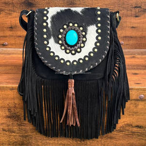 Nuevo estilo occidental pelo en piel de ante con flecos bolso de hombro de cuero bohemio de alta calidad para mujer con piedra turquesa - Product Image 2