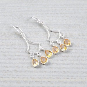 Pendientes de aro finos de plata de ley 925 con triple gema de citrino amarillo en forma de pera para mujer, regalo de boda. - Product Image 3
