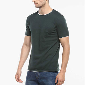 Men's Dark Green O-Neck Short Sleeve T-<b>Shirt</b> Slim Fit Knitted Cotton Casual Solid Color Contrast Trim Regular Length - Product Image 6