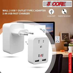 5 Core European Travel <b>Plug</b> <b>Adapter</b> w 2 <b>USB</b> Ports Universal Adopter for International Power Outlet - Product Image 3