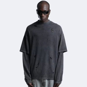 Sudaderas Personalizadas de Algodón 300gsm para Hombre, Estilo Urbano, Vintage, Lavado Ácido, Oversize, Desgastadas, Manga Larga Doble, Diseño Liso - Product Image 2