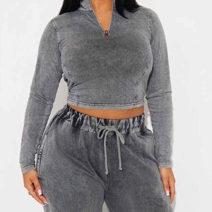 Custom Plus Size Cotton Fleece Ladies 2 Piece Short Crop Top Hoodie & Joggers <b>Set</b> <b>Women's</b> Acid Washed - Product Image 5
