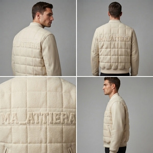 Blouson Bomber matelassé en laine et cuir pour homme, personnalisé avec broderie, col en tricot côtelé, vêtement d'extérieur haut de gamme - Product Image 3