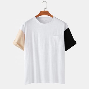 เสื้อยืดโอเวอร์ไซส์ผู้ชาย แขนสั้น คอกลม ผ้าถัก คอตตอน สไตล์ลำลอง มีกระเป๋าหน้า แต่งขอบตัดสี - Product Image 3