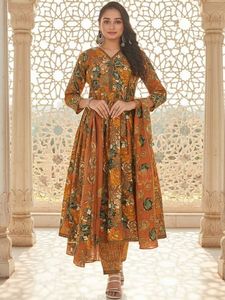 <b>Women</b> Traditional Floral Printed Cotton Empire Anarkali Shape V-neck Knee-Length <b>Kurta</b> with Trousers & Dupatta Diwali Party Wear - Product Image 1