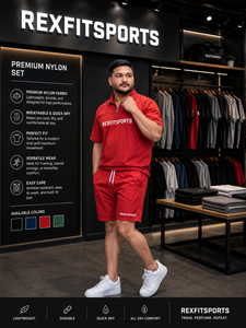 REXFIT SPORTS 2026 Custom Mens Red Nylon <b>Shirt</b> and Shorts Set Half <b>Zip</b> Lightweight Breathable Gym Training Sportswear - Product Image 3