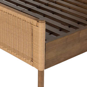 Wholesale Boho Solid Wood <b>Bed</b> with Natural Rattan Headboard | Cane Woven Double <b>Bed</b> <b>Frame</b> | Coastal Style Bedroom Furniture - Product Image 4