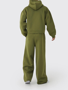 Men's Olive Green <b>Hooded</b> Sweatshirt Set Casual Full <b>Zip</b> Front Breathable Embroidered Printed Letter Logo FLEECE Cotton Winter - Product Image 2