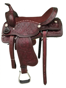 Silla de montar western de cuero para caballo con faja delantera, cabezada y pechera, montada en armazón de fibra de vidrio. Disponible en tallas 15, 16 y 17. - Product Image 2