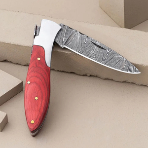 Cuchillo de Bolsillo Burraq Hecho a Mano de Acero de Damasco, Hoja de Punta Caída, Mango de Madera, Funda de Cuero - OEM/ODM Disponible para Regalos y Uso en Exteriores - Product Image 6