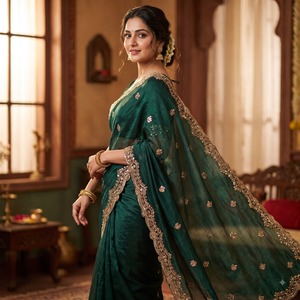 Sari indien ethnique élégant et ajusté avec broderies pour les occasions de Diwali, les mariages et les fêtes – Tenue tendance pour femme - Product Image 3