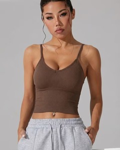 Women's Ribbed Seamless Gym Crop Top | <b>Thin</b> Criss Cross <b>Strap</b> Sports <b>Bra</b> | Sweat Wicking Longline Padded Fitness Brassiere - Product Image 1