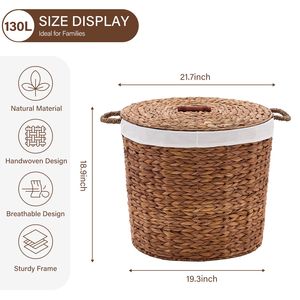 Cesto de Ropa Redondo de 145L, Tejido con Jacinto de Agua Natural, con Tapa, Elegante Cesta de Mimbre para Ropa - Product Image 2