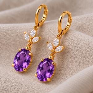 Boucles d'oreilles pendantes en laiton plaqué or, forme goutte d'eau, avec zircon violet en forme de poire, pour mariage, fête ou cadeau - Product Image 2