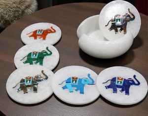 Sous-verres en marbre en forme d'éléphant, incrustation Pietra Dura, artisanat fait main, décoration - Product Image 1