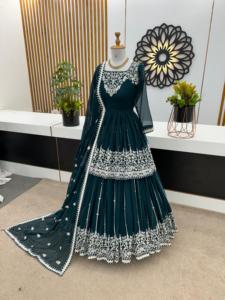 Faux Georgette Casual Dresses Set Heavy Embroidery Lace Cute Free Size 42 XL Top Semi-Stitched Lehenga Dupatta with <b>Sequin</b> Work - Product Image 4