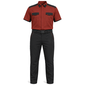 Ensemble de vêtements de travail personnalisés rouge et noir à manches courtes et pantalon cargo pour le personnel des installations industrielles, vente en gros, fabricant OEM - Product Image 1