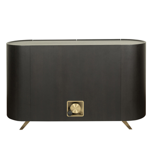 Modern Wood Credenza Gold Accents Midcentury Design Living Room Storage <b>Cabinet</b> Two Doors Sleek Oval Shape Assembled - Product Image 3