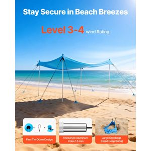 Tenda da Spiaggia UPF50+ con Protezione Solare, Altezza 6.6 ft, 10x10 ft, Gazebo Facile da Montare, 8 Sacchi di Sabbia per Stabilità, Pali per Eccellente Protezione Solare - Product Image 4